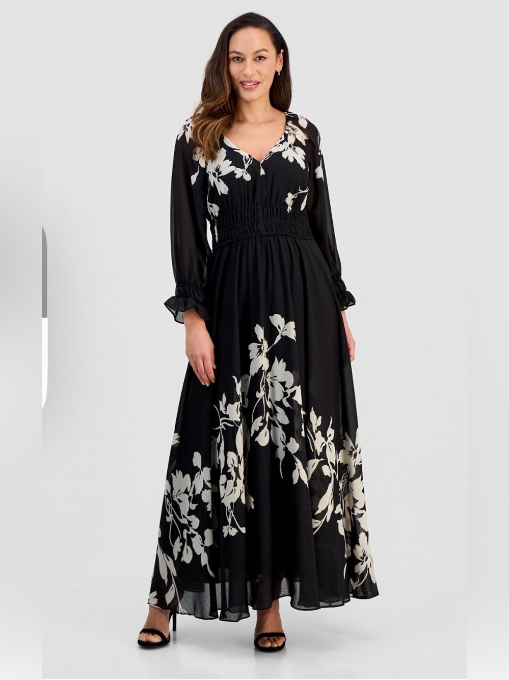 Black Floral Maxi Dress - Elegant Long Sleeve